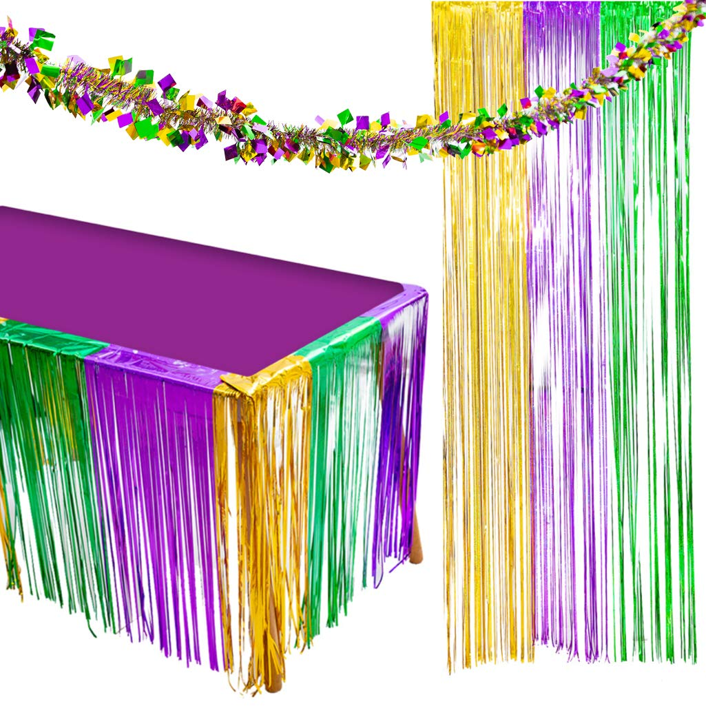 PartyWoo Mardi Gras Decorations, 2 Pcs 2.5x9.8 ft Mardi Gras Fringe Table Skirt, Green Purple Gold Splicing Foil Fringe Tinsel for Mardi Gras Party